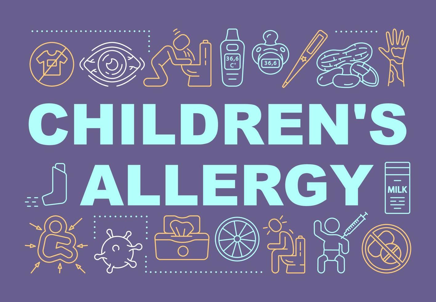 kinderen allergie woord concepten banner. kindergezondheidszorg. kinderallergie en immunologie. presentatie, website. geïsoleerde belettering typografie idee met lineaire pictogrammen. vector overzicht illustratie