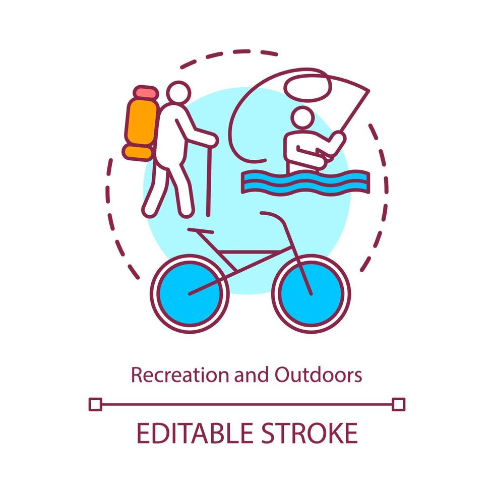 recreatie buitenshuis concept icoon. actieve rust, wandelen, fietsen idee dunne lijn illustratie. meertoerisme, riviervakantie, vissen. vector geïsoleerde overzichtstekening. bewerkbare..