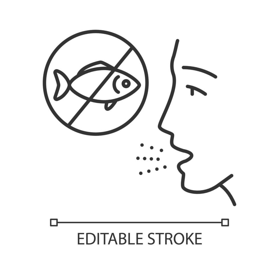 vis allergie lineaire pictogram. gevoeligheid van vissen met vinnen. allergische ziekte. lichaamsreactie op allergenen. dunne lijn illustratie. contour symbool. vector geïsoleerde overzichtstekening. bewerkbare streek