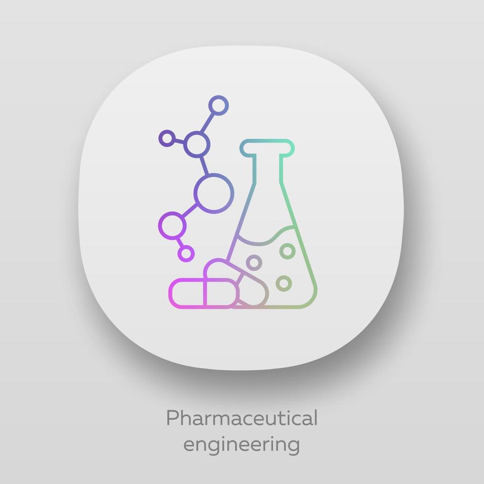 app-pictogram voor farmaceutische engineering. medicijn formuleren. chemische technologie. kolf, molecuul, capsules. farmacologie. ui ux-gebruikersinterface. web- of mobiele applicaties. geïsoleerde vectorillustraties vector