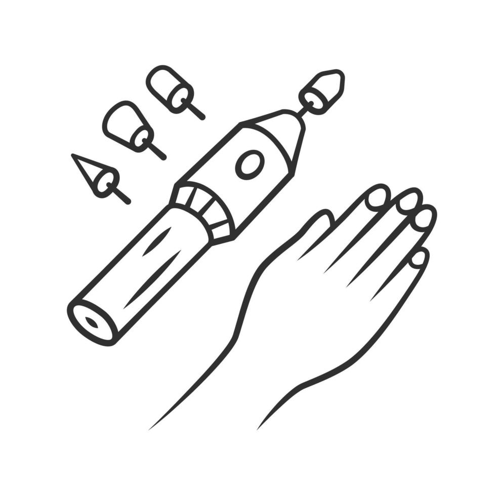 elektrische manicure lineaire pictogram. elektrische nagelvijlboor en mondstukken. schoonheidsapparaat voor salon en thuisgebruik. dunne lijn illustratie. contour symbool. vector geïsoleerde overzichtstekening. bewerkbare streek