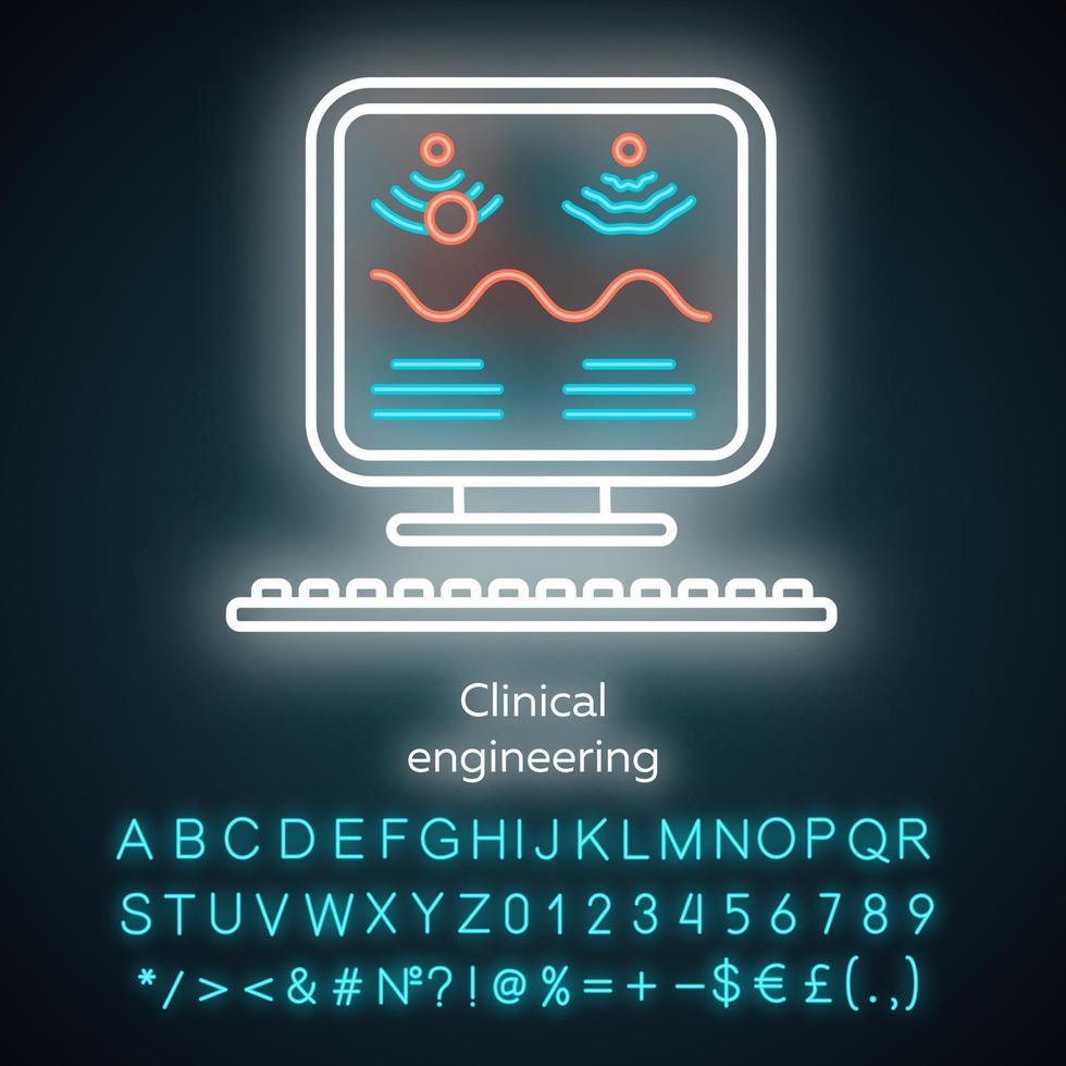 klinische techniek neonlicht icoon. beheer van zorgtechnologie. biomedische ultrasone apparatuur. bio-engineering. gloeiend bord met alfabet, cijfers en symbolen. vector geïsoleerde illustratie