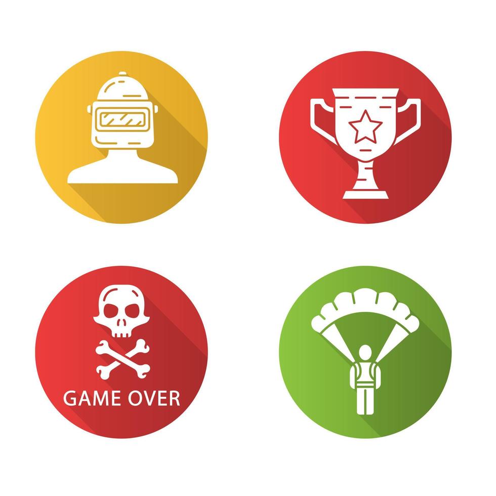 online game inventaris plat ontwerp lange schaduw glyph iconen set. virtuele schietuitrusting. speler, krijger in helm, trofeebeker, game over, parachute. vector silhouet illustratie