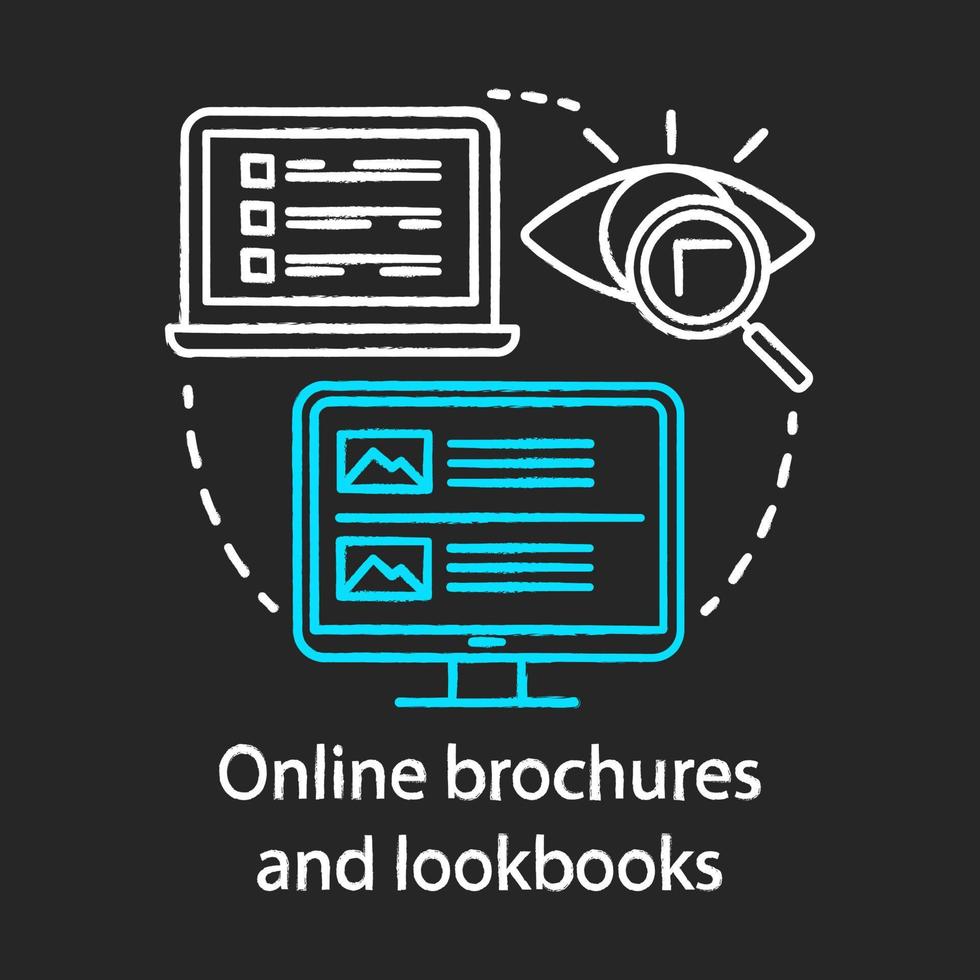 online brochures en lookbooks krijt concept icoon. digitale marketing content kanalen idee. informatiebestand, fotocollectie. vector geïsoleerde schoolbordillustratie