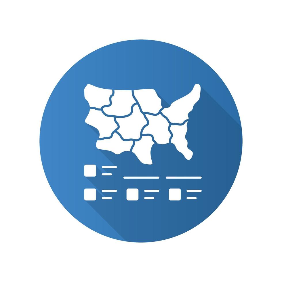 cartogram plat ontwerp lange schaduw glyph pictogram. diagram. usa kaart met statistieken. data visualisatie. financiële, sociologische, marketing visuele informatie. vector silhouet illustratie