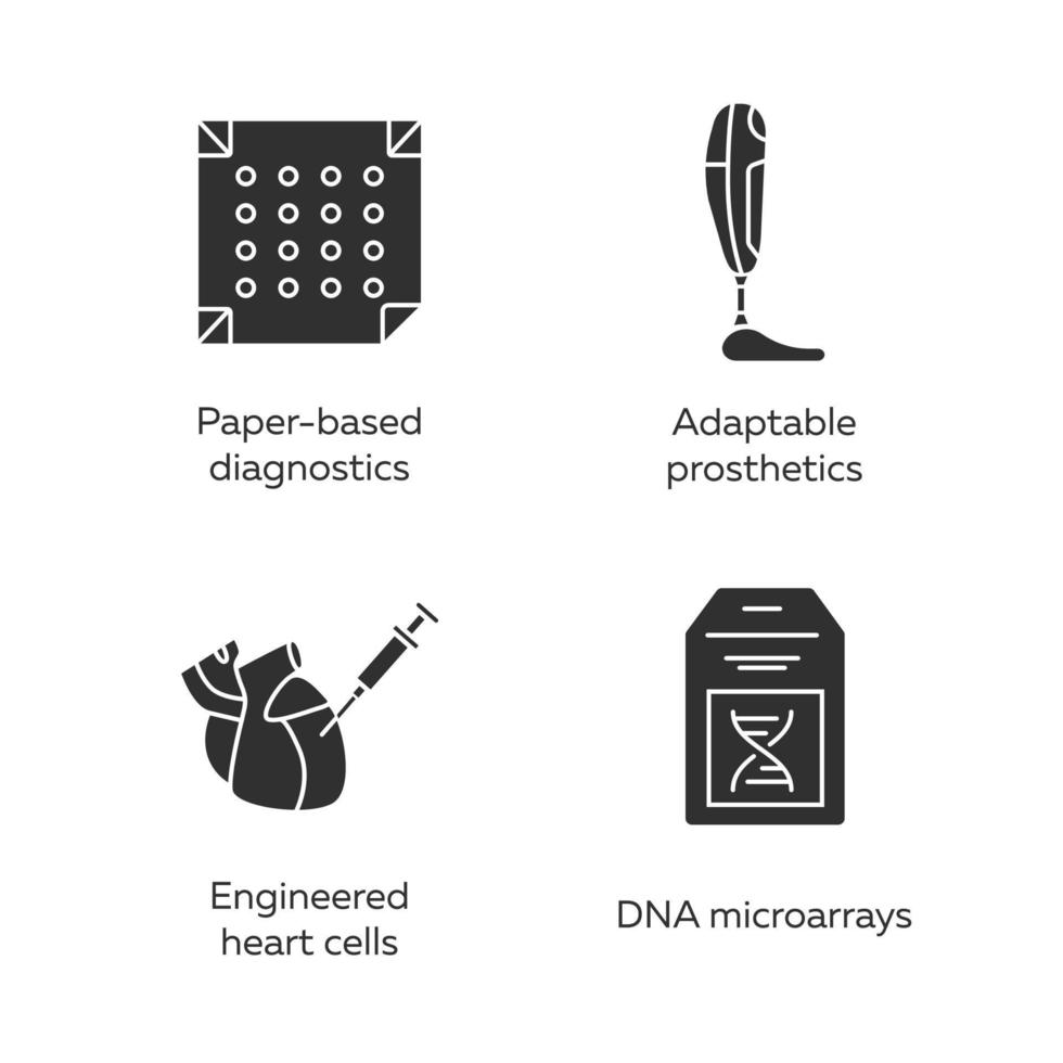 bio-engineering glyph pictogrammen instellen. medische technologieën. op papier gebaseerde diagnostiek, aanpasbare protheses, gemanipuleerde hartcellen, dna-microarrays. silhouet symbolen. vector geïsoleerde illustratie