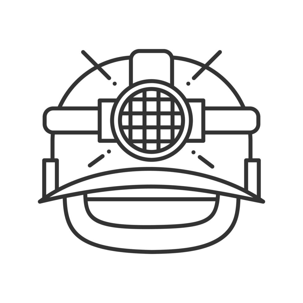 industriële veiligheidshelm lineaire pictogram. mijnwerker helm met licht. dunne lijn illustratie. contour symbool. vector geïsoleerde overzichtstekening