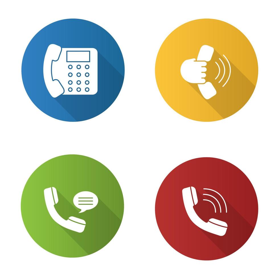 telefoon communicatie plat ontwerp lange schaduw glyph pictogrammen instellen. vaste telefoon, handset in de hand, inkomende oproep, spraakbericht. vector silhouet illustratie