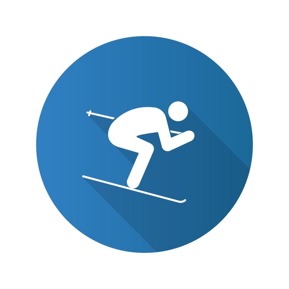 skiër plat ontwerp lange schaduw glyph pictogram. skiën persoon. vector silhouet illustratie