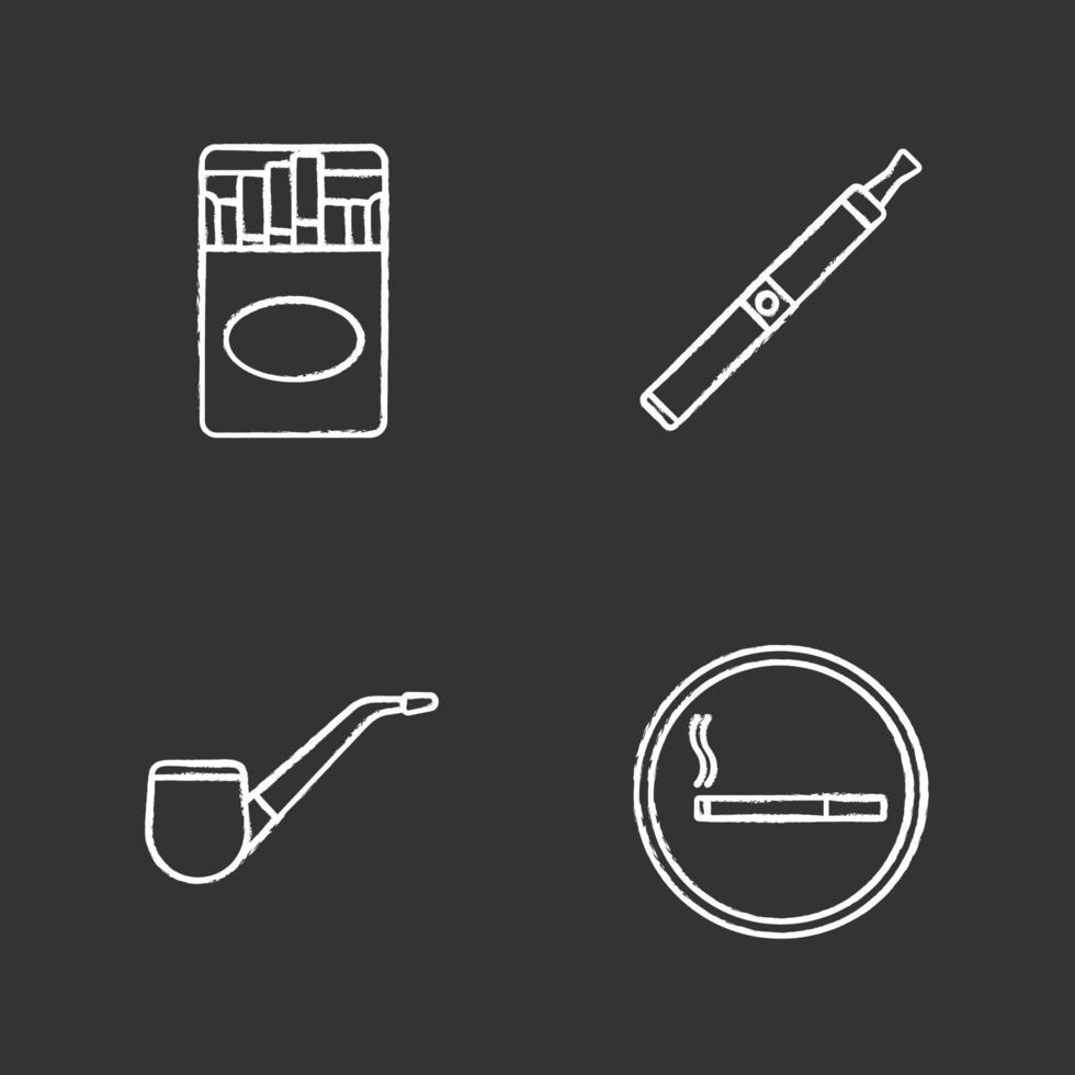 roken krijt pictogrammen instellen. sigarettenpakje, e-sigaret, tabakspijp, rookruimte. geïsoleerde vector schoolbord illustraties