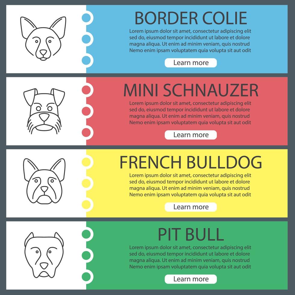 honden rassen webbanner sjablonen set. border collie, mini schnauzer, franse bulldog, pitbull. website kleur menu-items met lineaire pictogrammen. ontwerpconcepten voor vectorkoppen vector