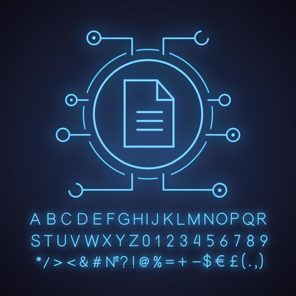 webdocument neonlichtpictogram. digitaal bestand. gloeiend bord met alfabet, cijfers en symbolen. vector geïsoleerde illustratie