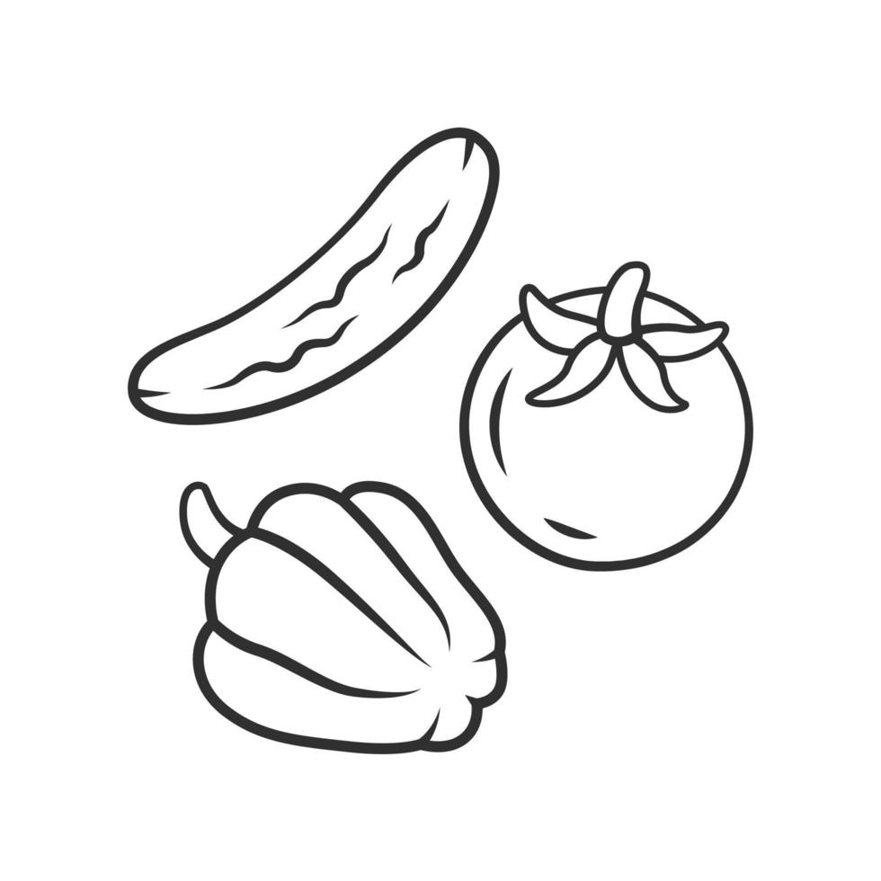 rauwe groenten lineaire pictogram. vegetarisch dieet en gezond eten. dunne lijn illustratie. verse groenten contour symbool. komkommer, tomaat, paprika. vector geïsoleerde overzichtstekening. bewerkbare streek