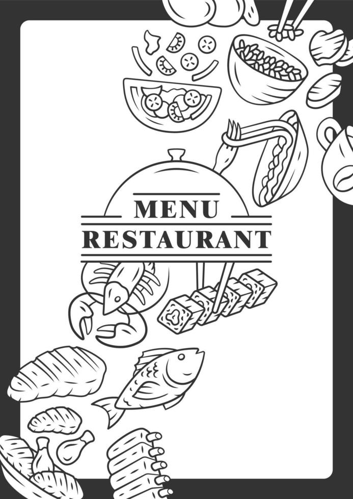 restaurant menu voorbladsjabloon. vis, pasta, kip. voedzaam eten. geïsoleerde belettering typografie idee met lineaire pictogrammen. concept vectorillustraties. café poster, flyer, brochure pagina-indeling vector