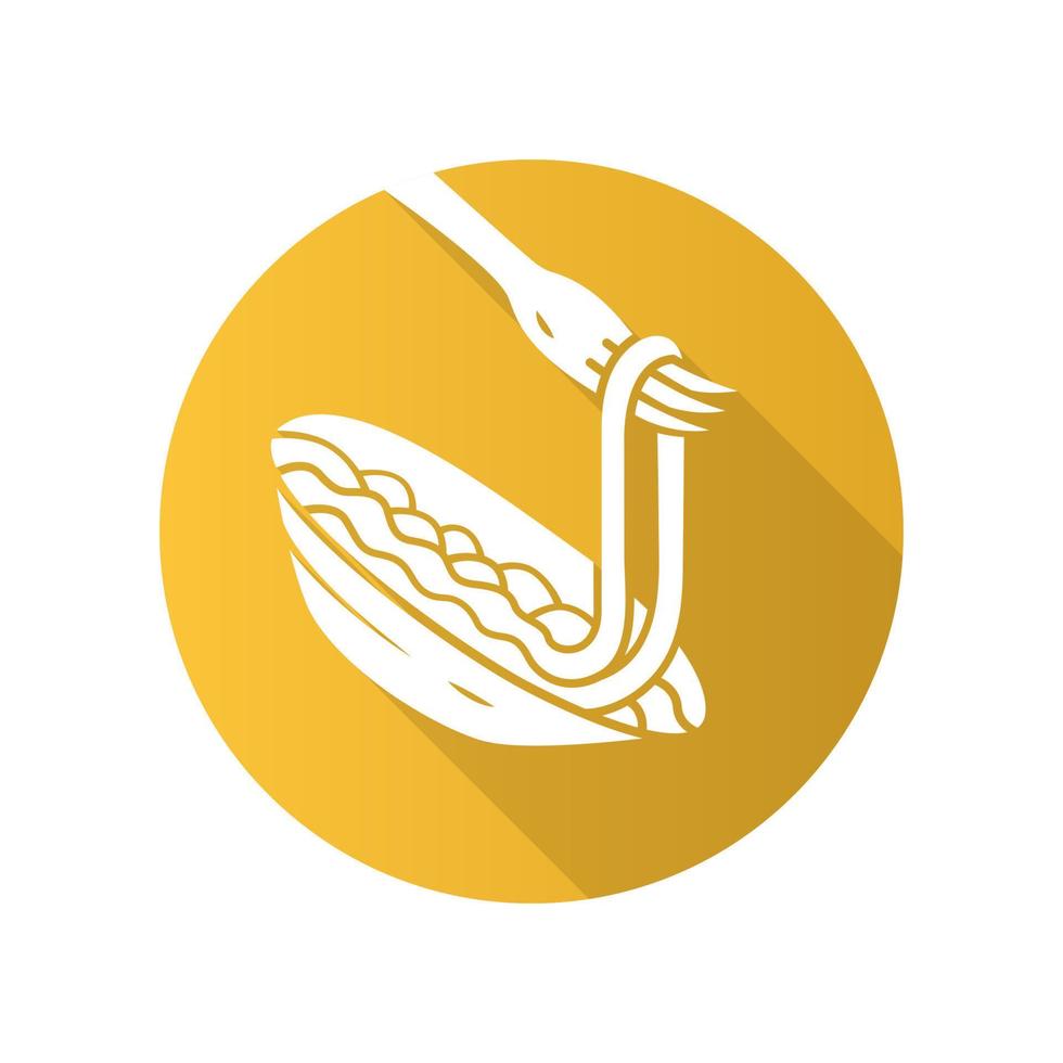 pasta op vork platte ontwerp lange schaduw glyph pictogram. spaghetti, macaroni, noedels. biologische maaltijd. traditioneel Italiaans eten. natuurlijk eten. restaurant, cafémenu. vector silhouet illustratie