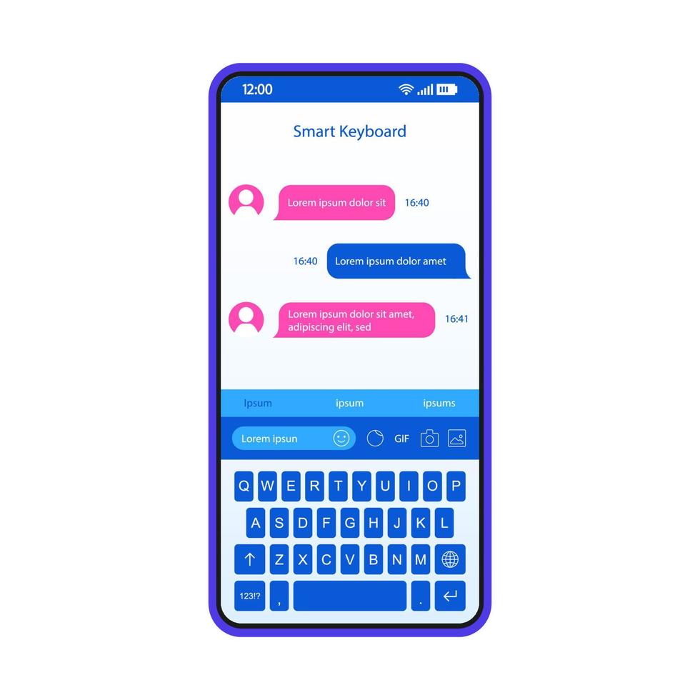 slimme toetsenbord smartphone interface vector sjabloon. mobiele app pagina wit ontwerp lay-out. instant messaging-scherm. platte ui voor toepassing. slim woordenboek, voorspellende tekstinvoer, t9. telefoon display