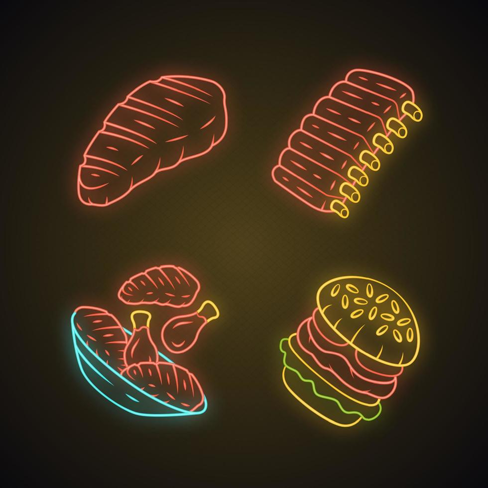 vleesgerechten neonlicht iconen set. biefstuk, runderribben, kippenpoten, burger. Fast food. slagerij product. restaurant, grillbar, steakhouse menu. gloeiende borden. geïsoleerde vectorillustraties vector