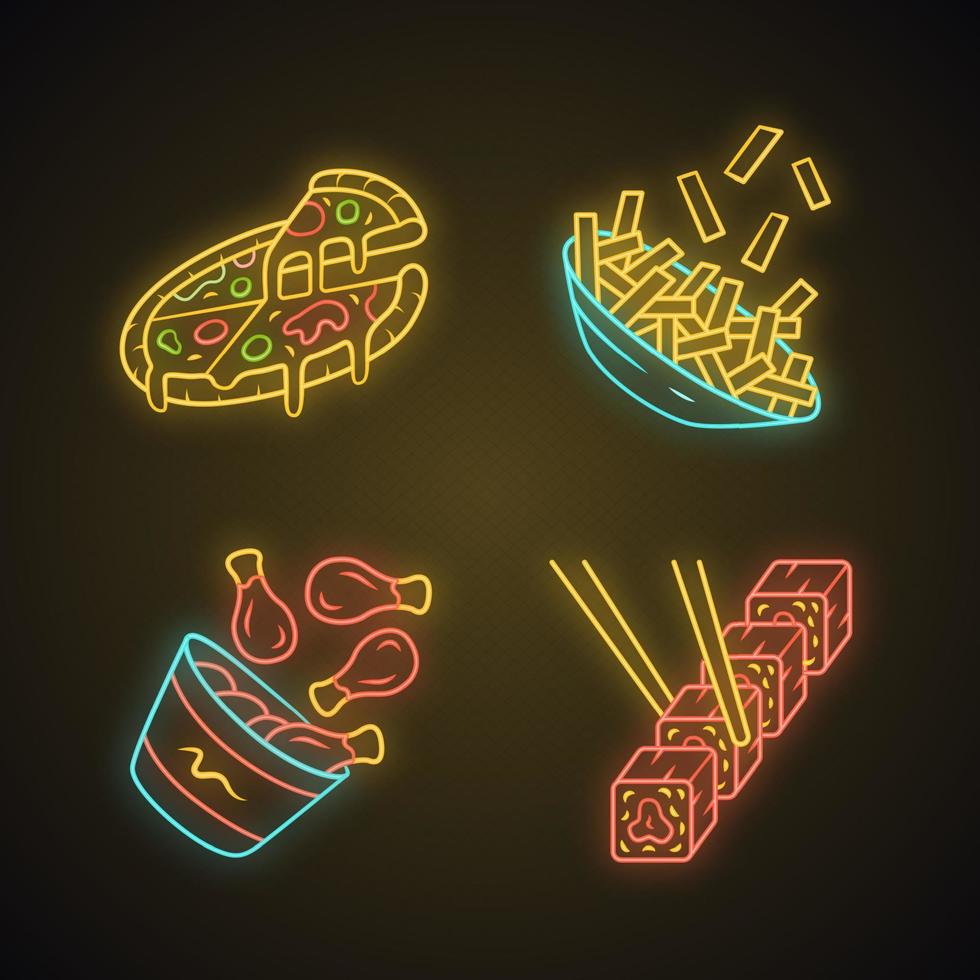 fastfood neonlicht pictogrammen instellen. pizza, patat, kipdrumsticks, sushi. Italiaanse, Amerikaanse en Aziatische keuken. vette gerechten. restaurant, cafémenu. gloeiende borden. geïsoleerde vectorillustraties vector