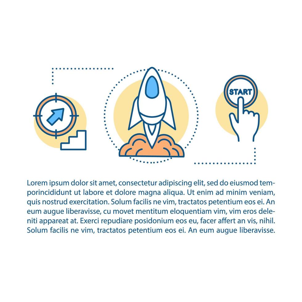 product lancering artikel pagina vector sjabloon. raket start. beginnen. brochure, tijdschrift, boekje ontwerpelement met lineaire pictogrammen en tekstvakken. print ontwerp. conceptillustraties met tekstruimte