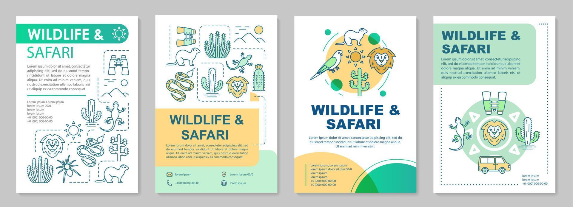 wildlife en safari brochure sjabloon lay-out. reis ervaringen. flyer, boekje, folder printontwerp met lineaire illustraties. vectorpaginalay-outs voor tijdschriften, jaarverslagen, reclameposters vector