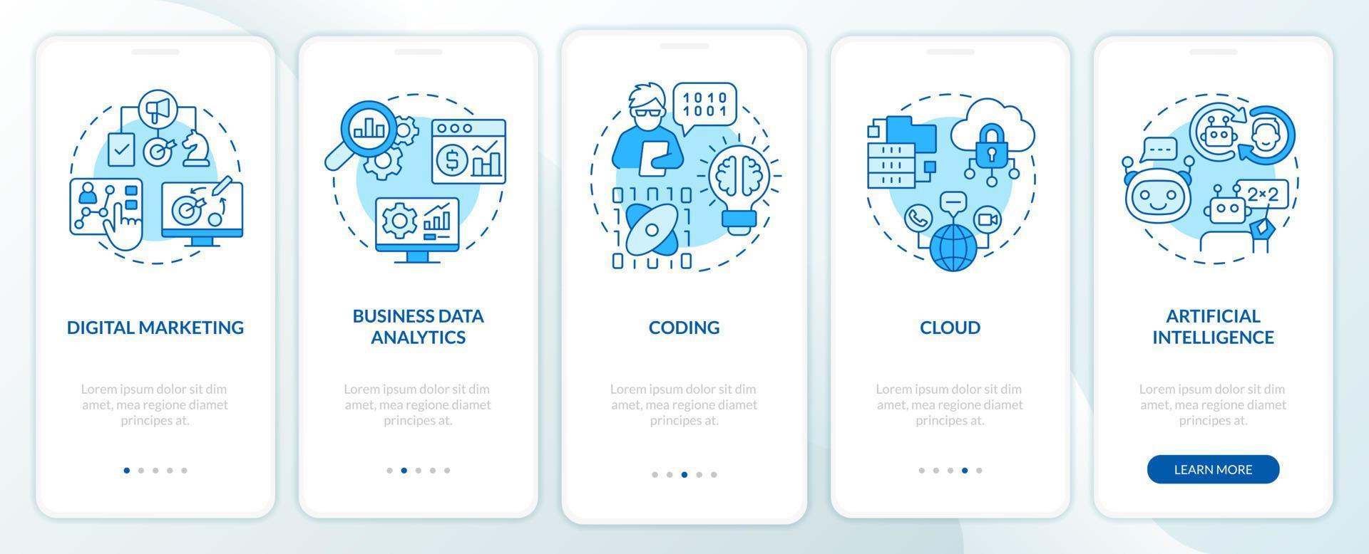 grote digitale vaardigheden blauwe onboarding mobiele app-scherm. computergeletterdheid walkthrough 5 stappen grafische instructiepagina's met lineaire concepten. ui, ux, gui-sjabloon vector