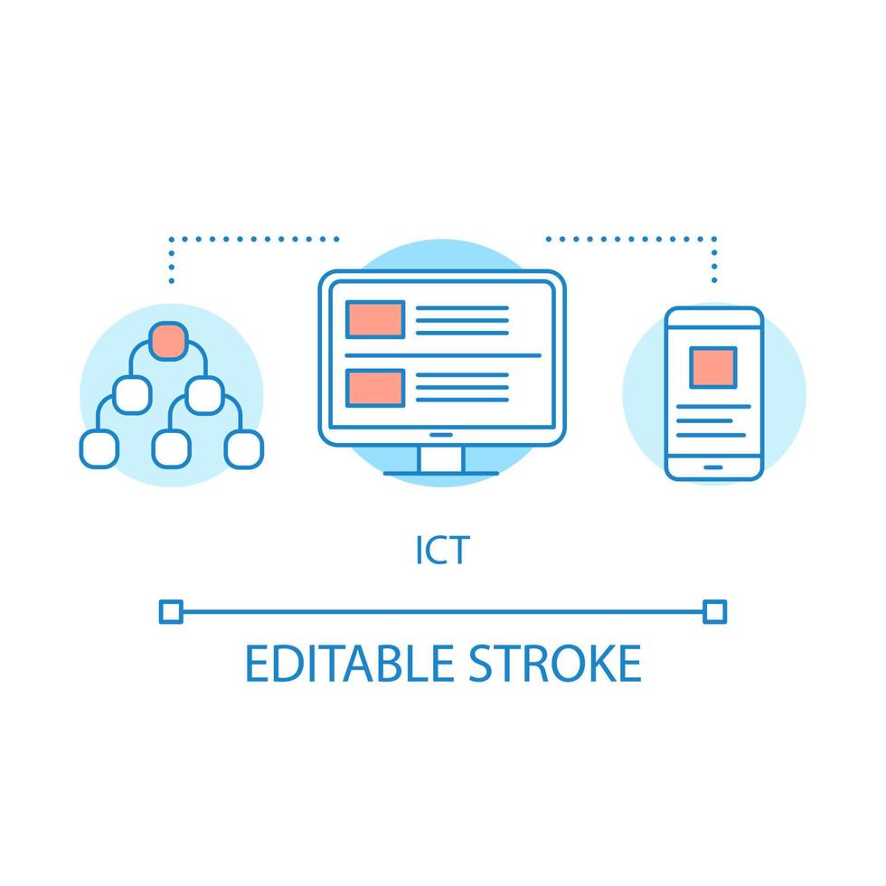 ict-concept icoon. informatie- en communicatietechnologie idee dunne lijn illustratie. cloud computing tech, innovatie technologie vector geïsoleerde overzichtstekening. bewerkbare streek