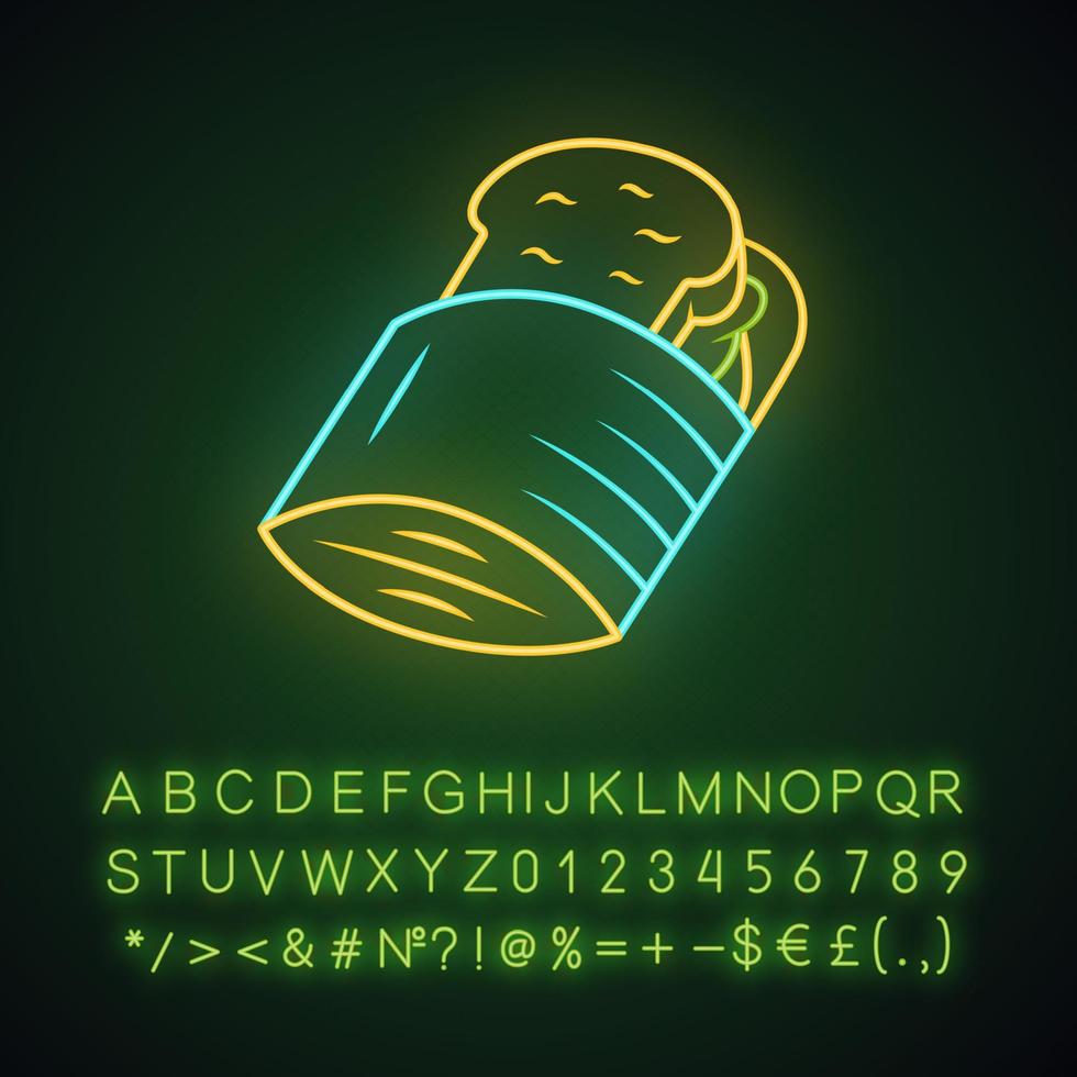 herbruikbare boterhamzakje neonlicht icoon. afvalvrije recyclebare papieren lunchtas voor hamburgers. wegwerp snackcontainer. gloeiend bord met alfabet, cijfers en symbolen. vector geïsoleerde illustratie