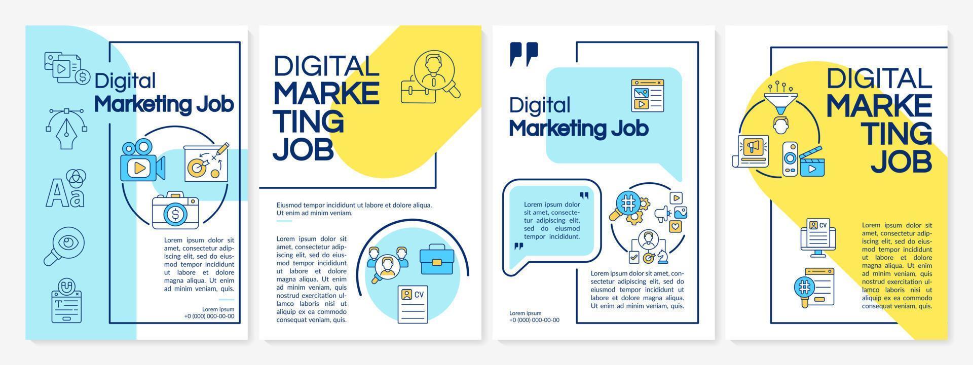 digitale marketing banen blauwe en gele brochure sjabloon. boekje afdrukontwerp met lineaire pictogrammen. vectorlay-outs voor presentatie, jaarverslagen, advertenties vector