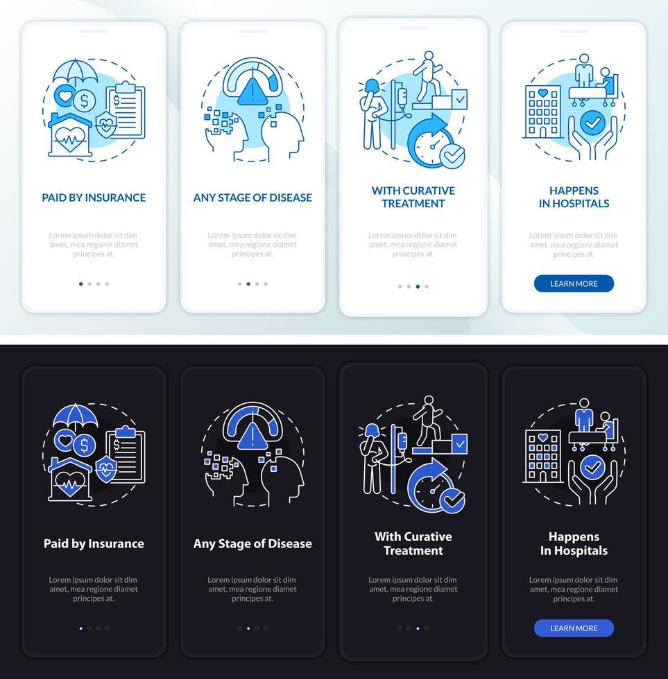 palliatieve zorg nacht- en dagmodus onboarding mobiele app-scherm. walkthrough 4 stappen grafische instructiepagina's met lineaire concepten. ui, ux, gui-sjabloon vector