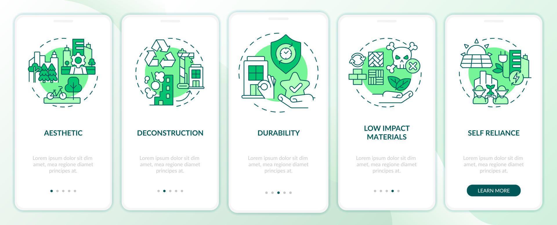 duurzaam stadsontwerp groen onboarding mobiel app-scherm. stedenbouwkundig plan 5 stappen grafische instructiepagina's met lineaire concepten. ui, ux, gui-sjabloon vector