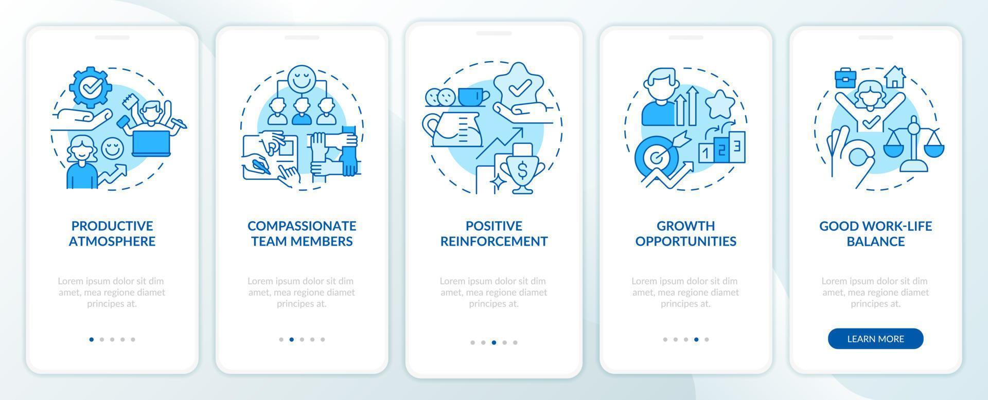 gezonde werkplekomgeving blauw onboarding mobiel app-scherm. walkthrough 5 stappen grafische instructiepagina's met lineaire concepten. ui, ux, gui-sjabloon vector