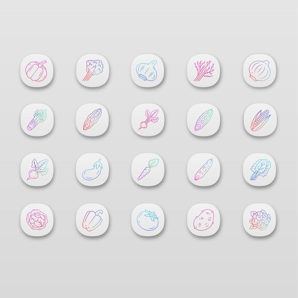 groenten app pictogrammen instellen. aardappel, wortel, peper. soep en salade ingrediënten. vitamine en voeding. gezonde voeding. ui ux-gebruikersinterface. web- of mobiele applicaties. geïsoleerde vectorillustraties vector