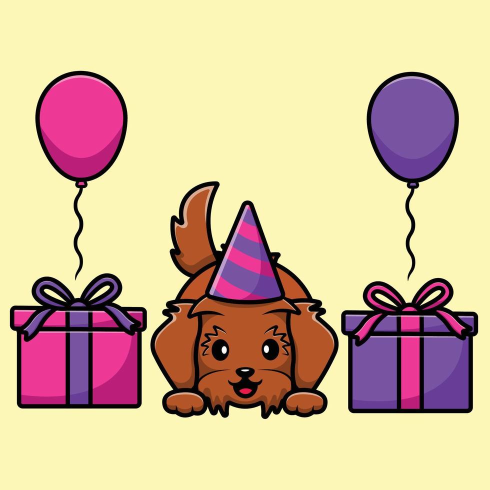 schattige maltipoo hond verjaardag met geschenken en ballonnen cartoon vector pictogram illustratie. dierlijke platte cartoon concept