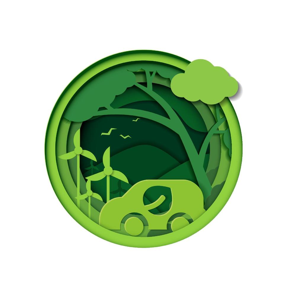 papier gesneden van milieuvriendelijk met eco-auto en natuur. red planeet natuur milieu groei leven ecologie. vector ontwerp