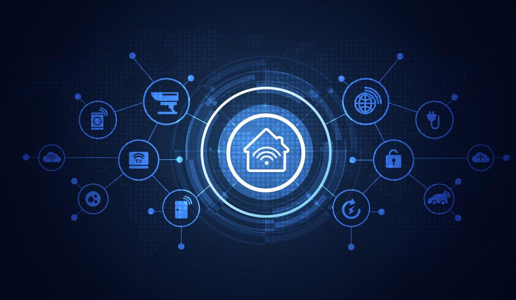 slimme huisinterfacepictogrammen in ruimtebinnenland. conceptcontrole en moderne technologie op een virtueel scherm, gebruiker die een knop aanraakt. vector ontwerp