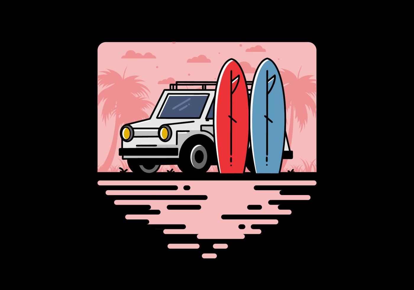 kleine auto en twee surfplanken illustratie vector