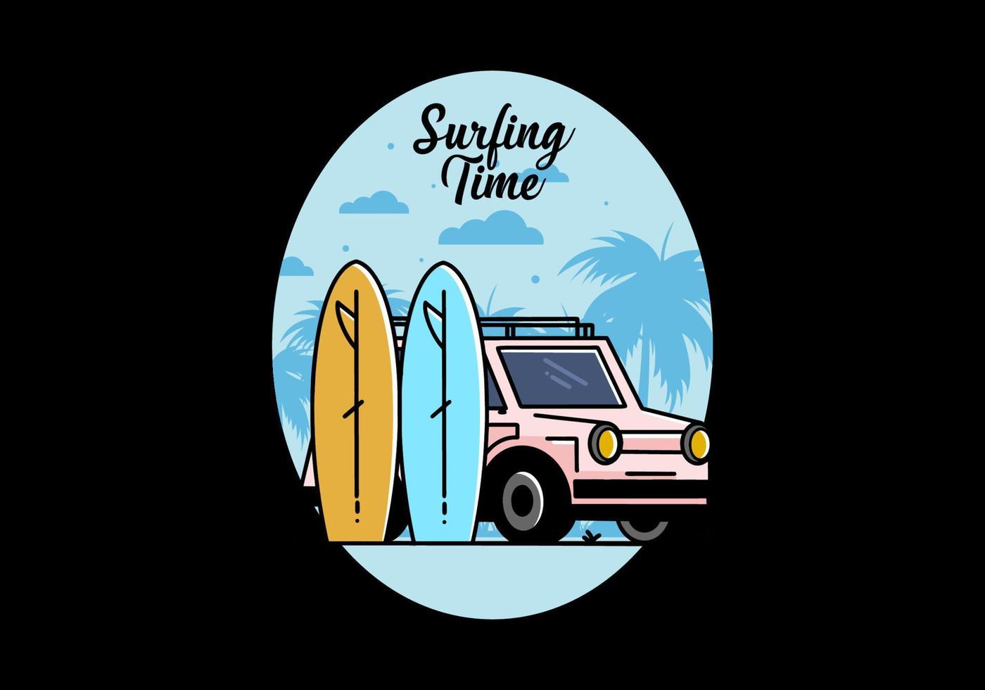 kleine auto en twee surfplanken illustratie vector