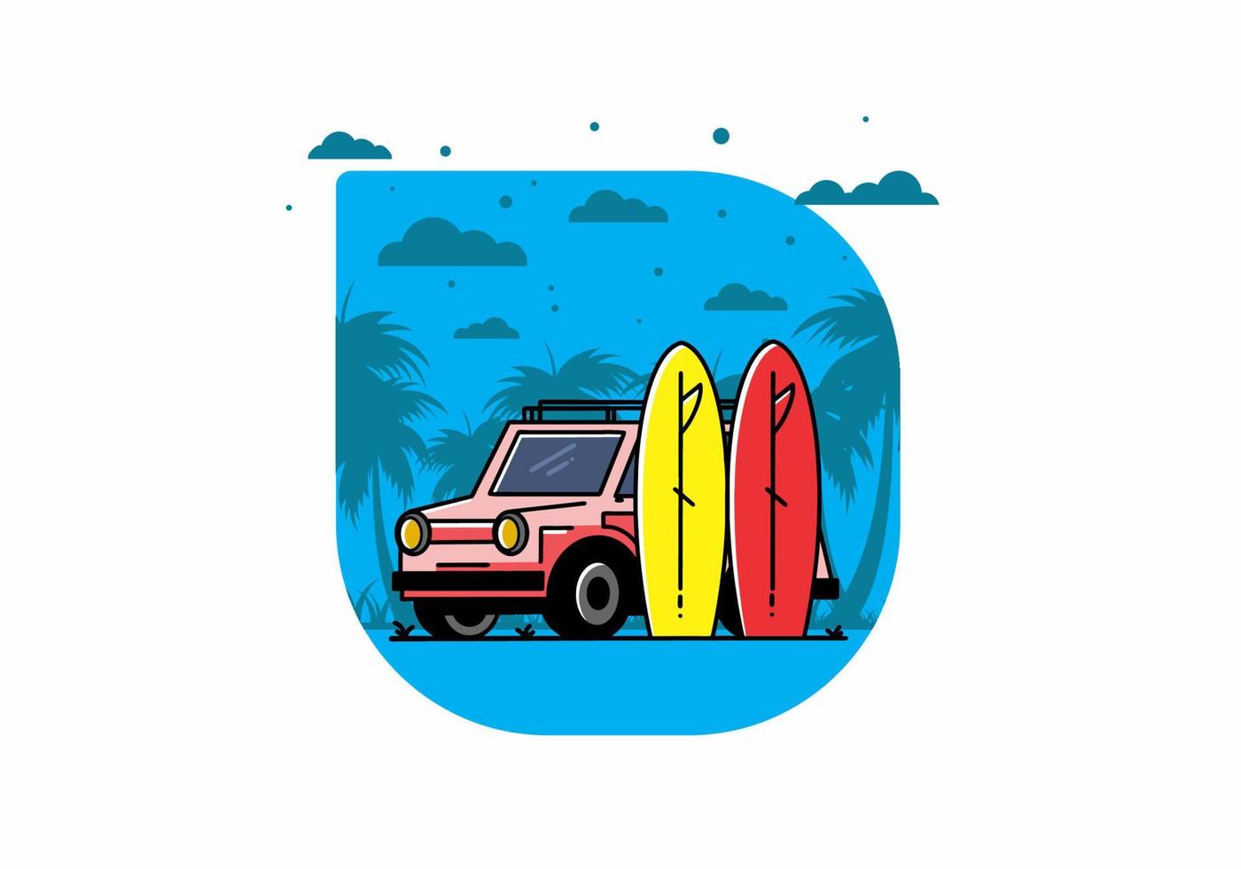 kleine auto en twee surfplanken illustratie vector