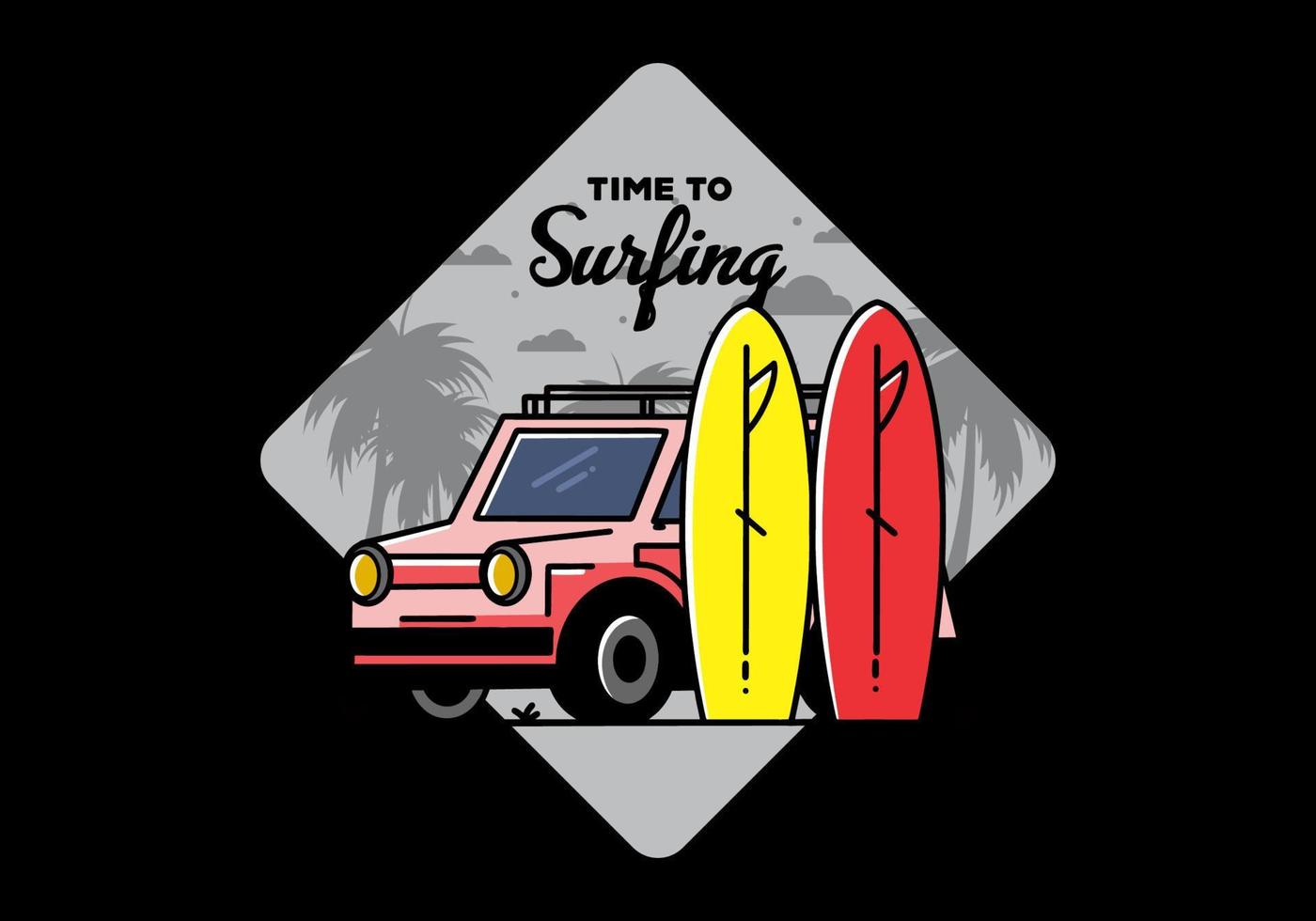 kleine auto en twee surfplanken illustratie vector