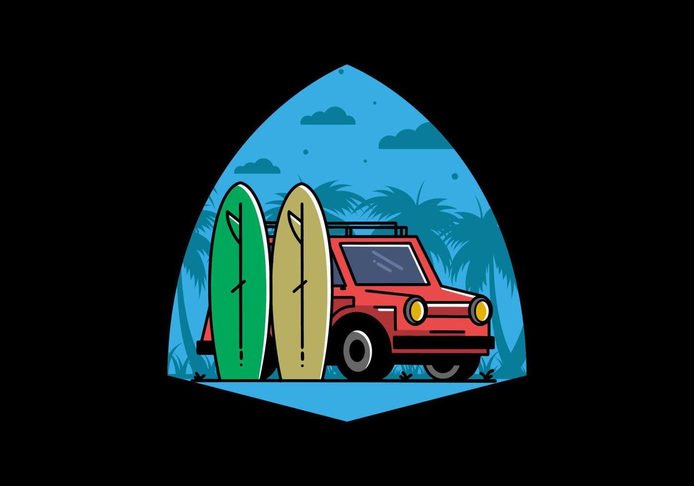 kleine auto en twee surfplanken illustratie vector