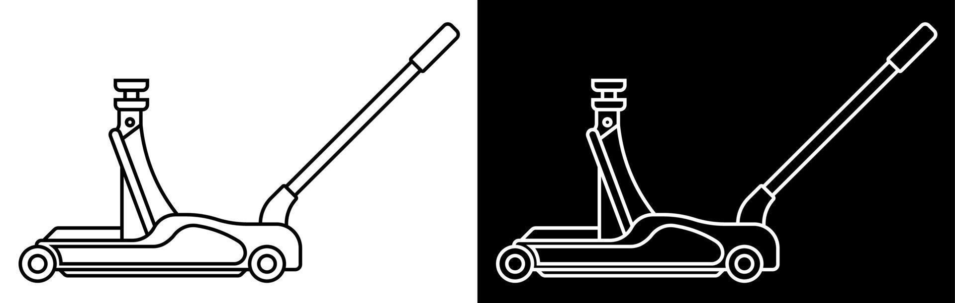 hydraulische krik op wielen. autogordel in reparatiewerkplaatsen. verhoogde lift. heftransport om wielen te wisselen. zwart-wit vector