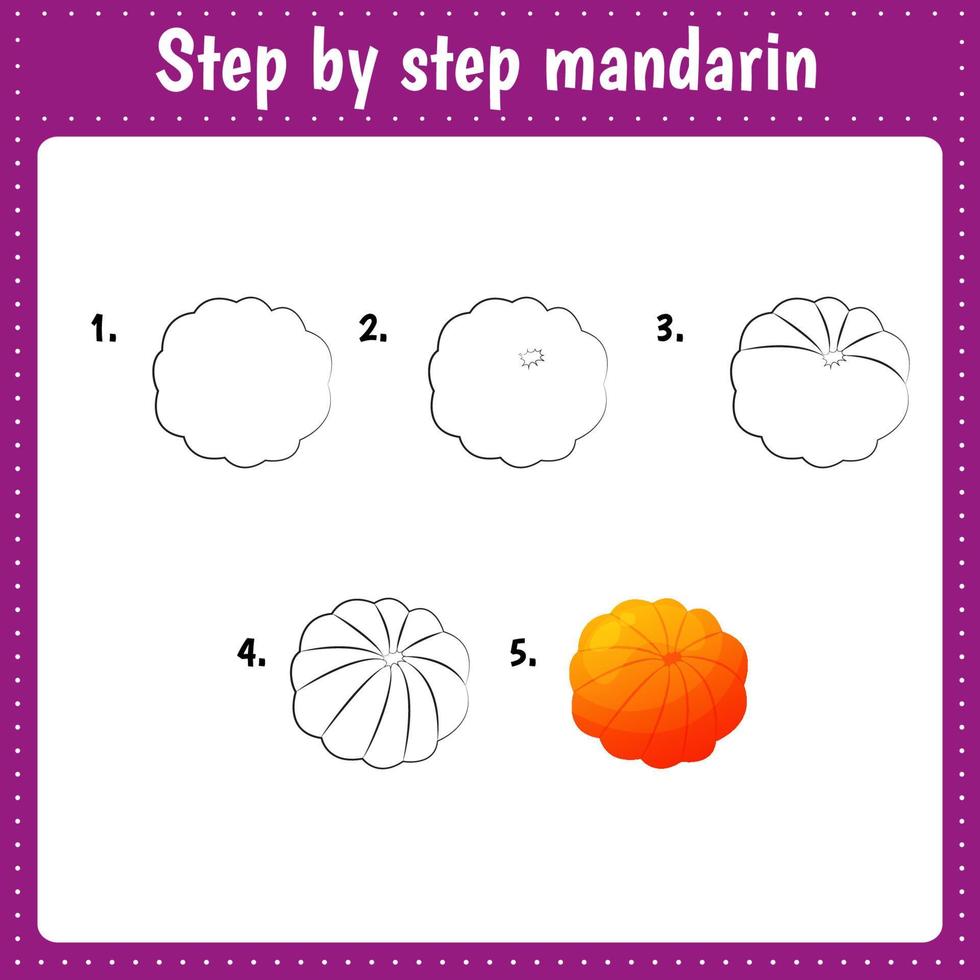 educatief werkblad voor kinderen. stap voor stap tekening illustratie. mandarijn. activiteitenpagina voor voorschoolse educatie. vector