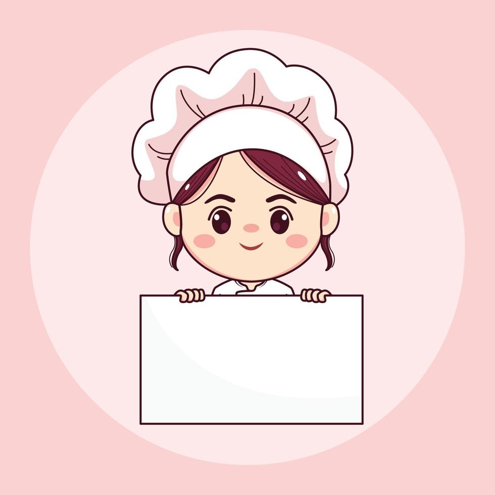 schattig en kawaii vrouwelijke chef-kok of bakker met whiteboard cartoon manga chibi vector character design