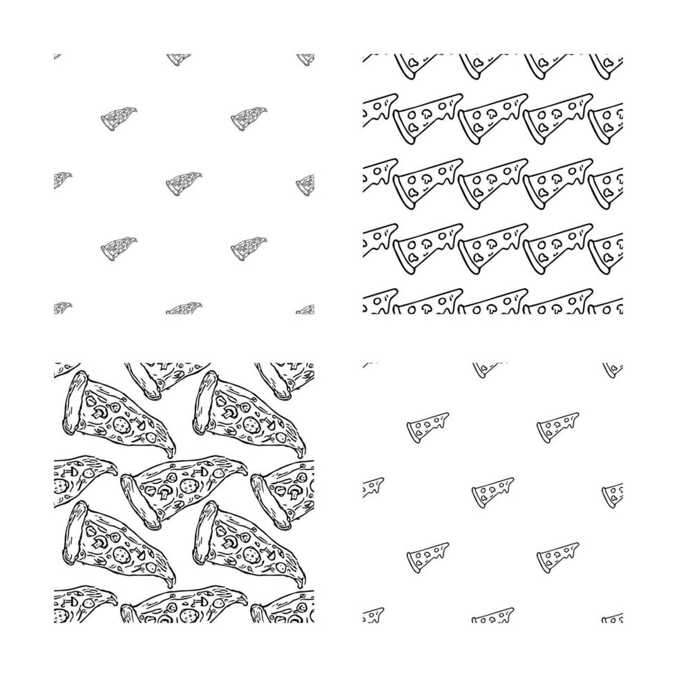 set van verschillende naadloze pizzapatronen. doodle vector pizza achtergrond