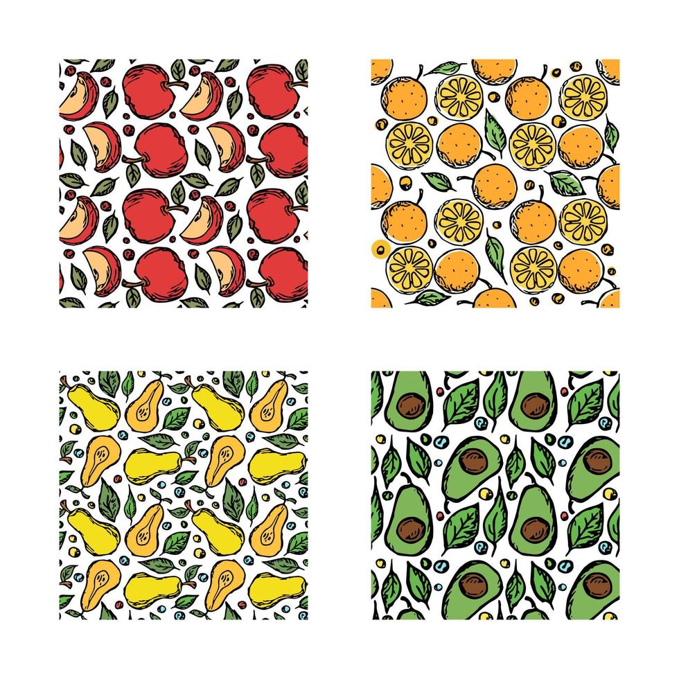 set van verschillende naadloze fruitpatronen. doodle vector fruit achtergrond