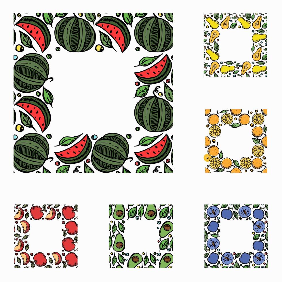 set van verschillende naadloze fruit frames. doodle vector fruit achtergrond met plaats voor tekst