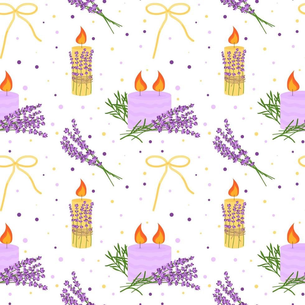 naadloos patroon met lavendelbloemen, kaarsen met lavendel. bloemmotief, vectorillustratie vector