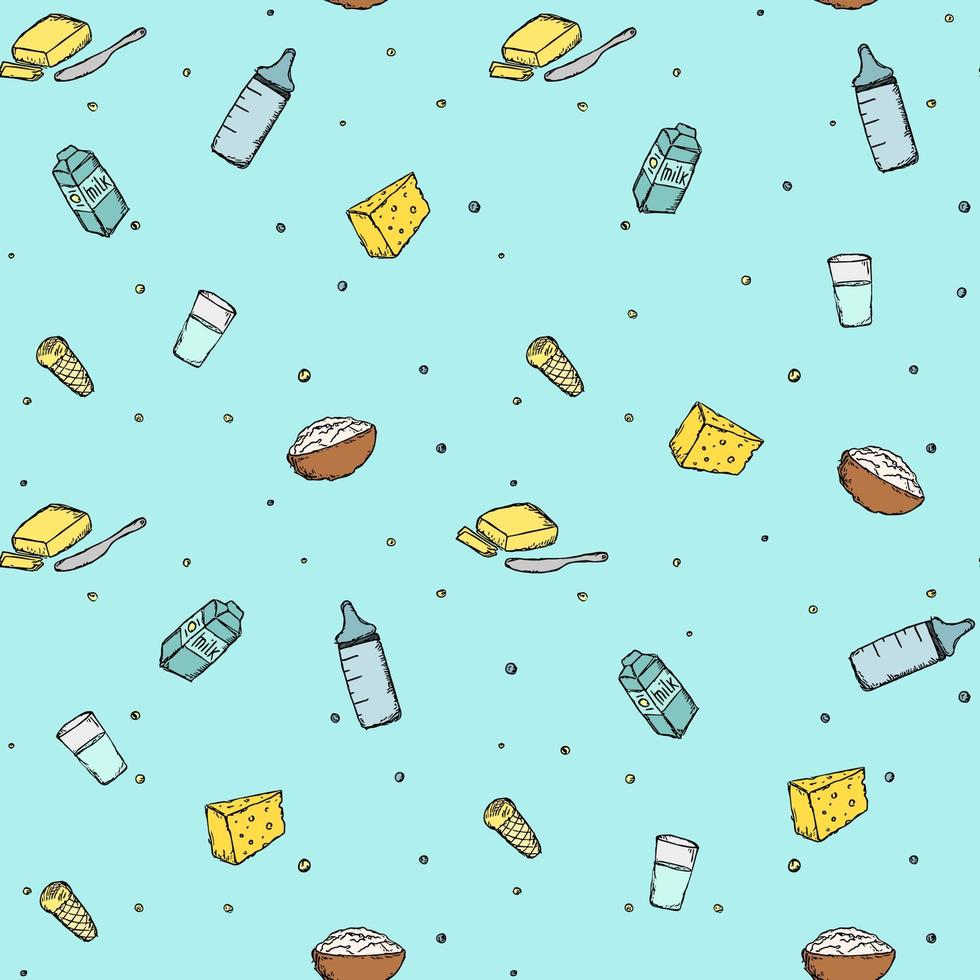 naadloos melkproductiepatroon. vector doodle illustratie met melkproducten pictogram. patroon met melk eten