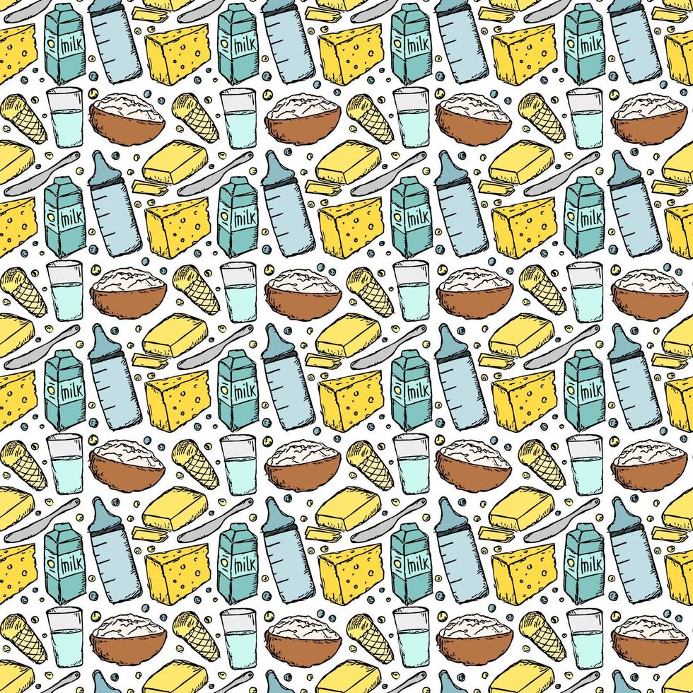 naadloos melkproductiepatroon. vector doodle illustratie met melkproducten pictogram. patroon met melk eten