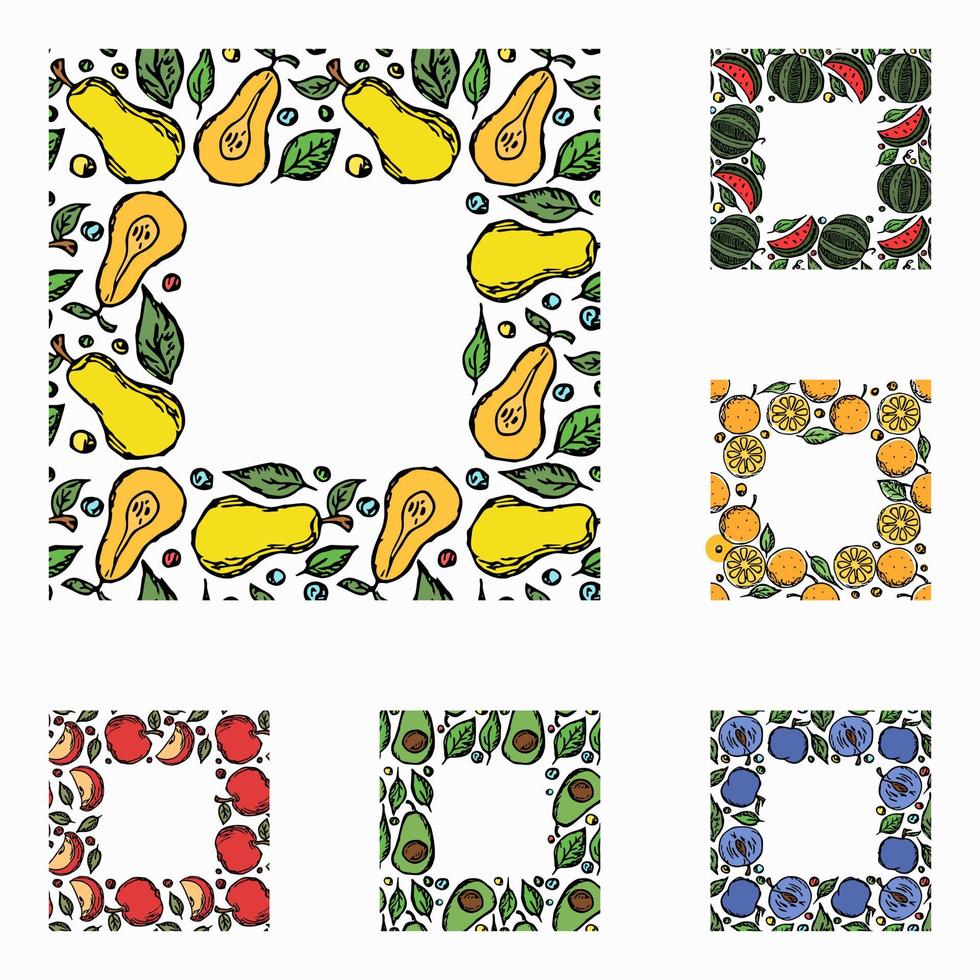 set van verschillende naadloze fruit frames. doodle vector fruit achtergrond met plaats voor tekst